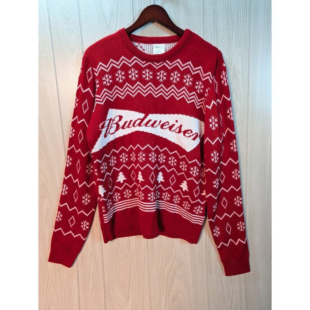 Budweiser Vintage Novelty Christmas Winter Sweater Red White Mens Sz Large